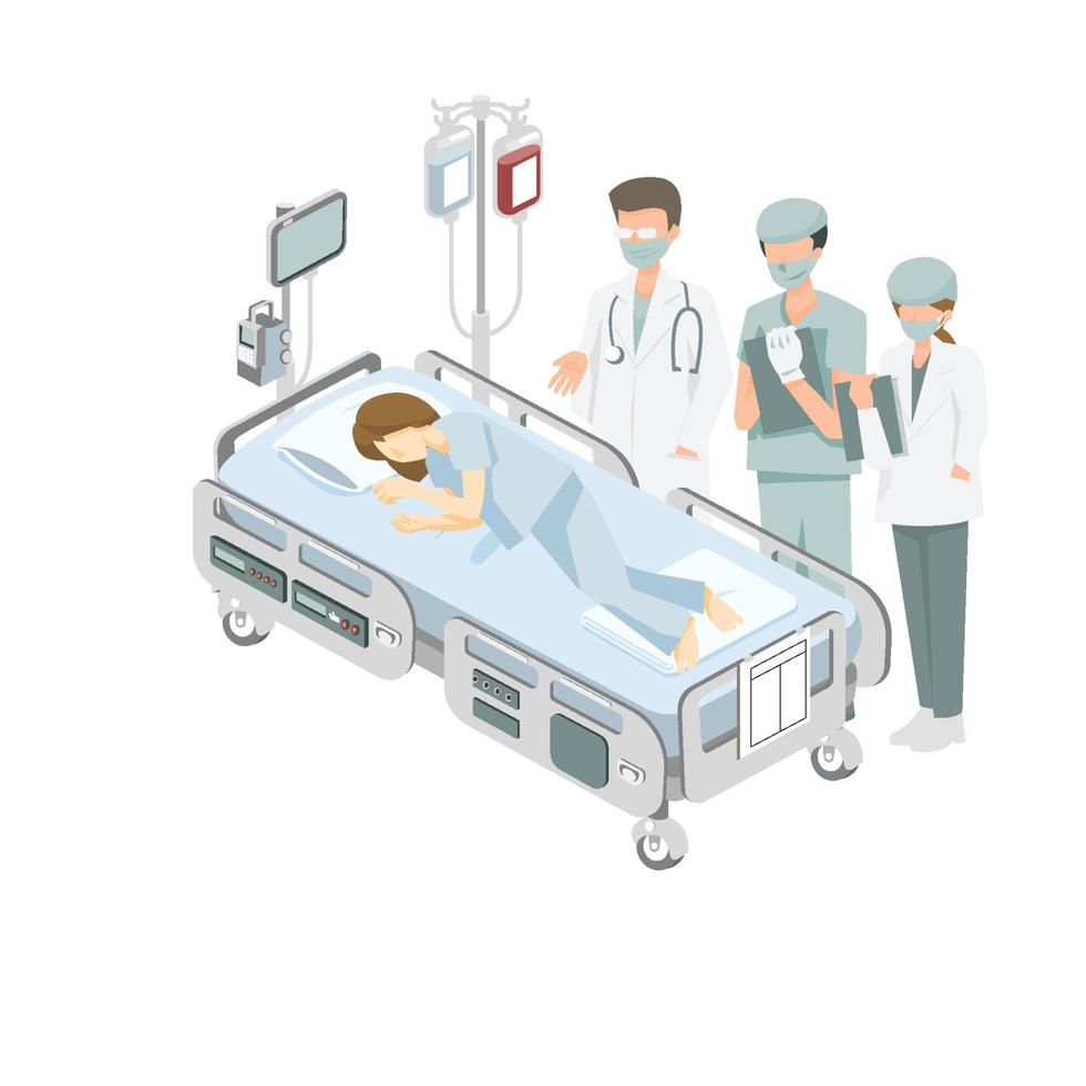 Patient on the hospital bed and visitor  graphic vector illustration on white background