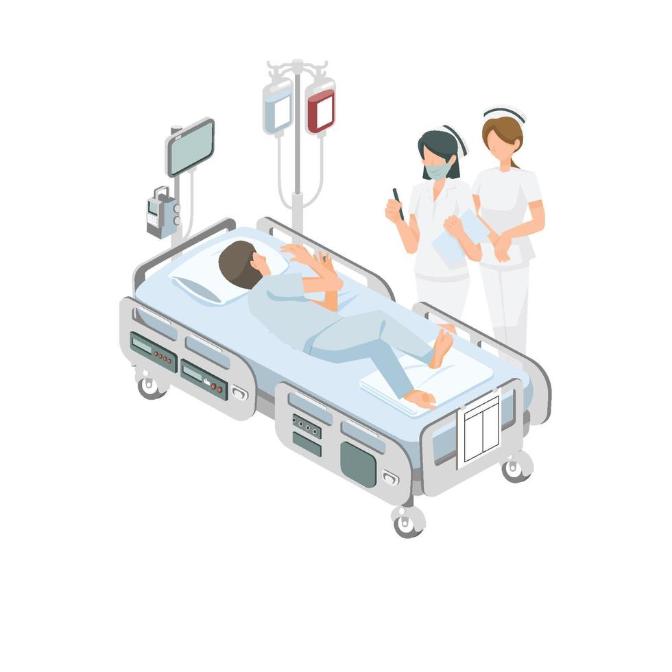 paciente en el hospital cama y visitante gráfico vector ilustración en blanco antecedentes