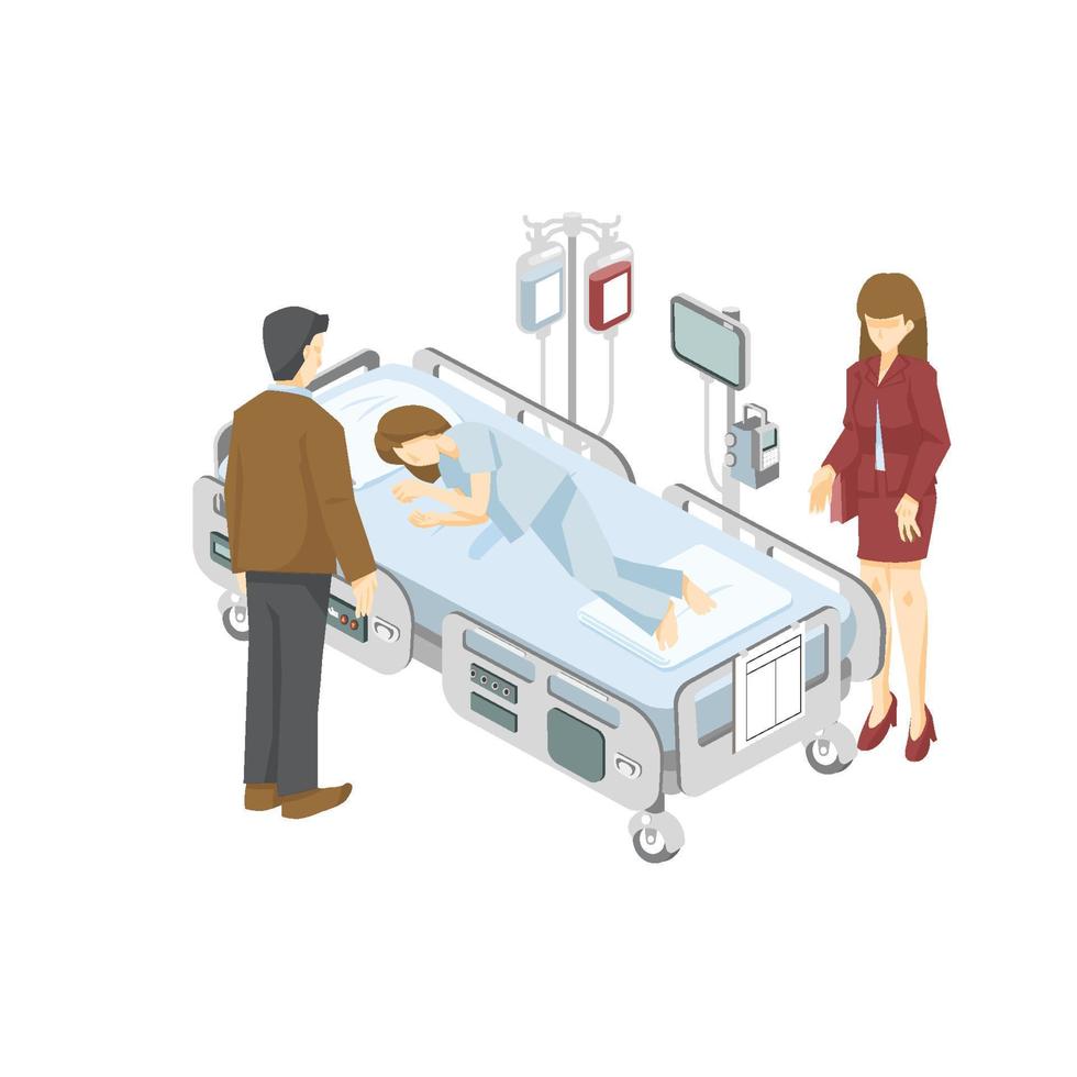 paciente en el hospital cama y visitante gráfico vector ilustración en blanco antecedentes