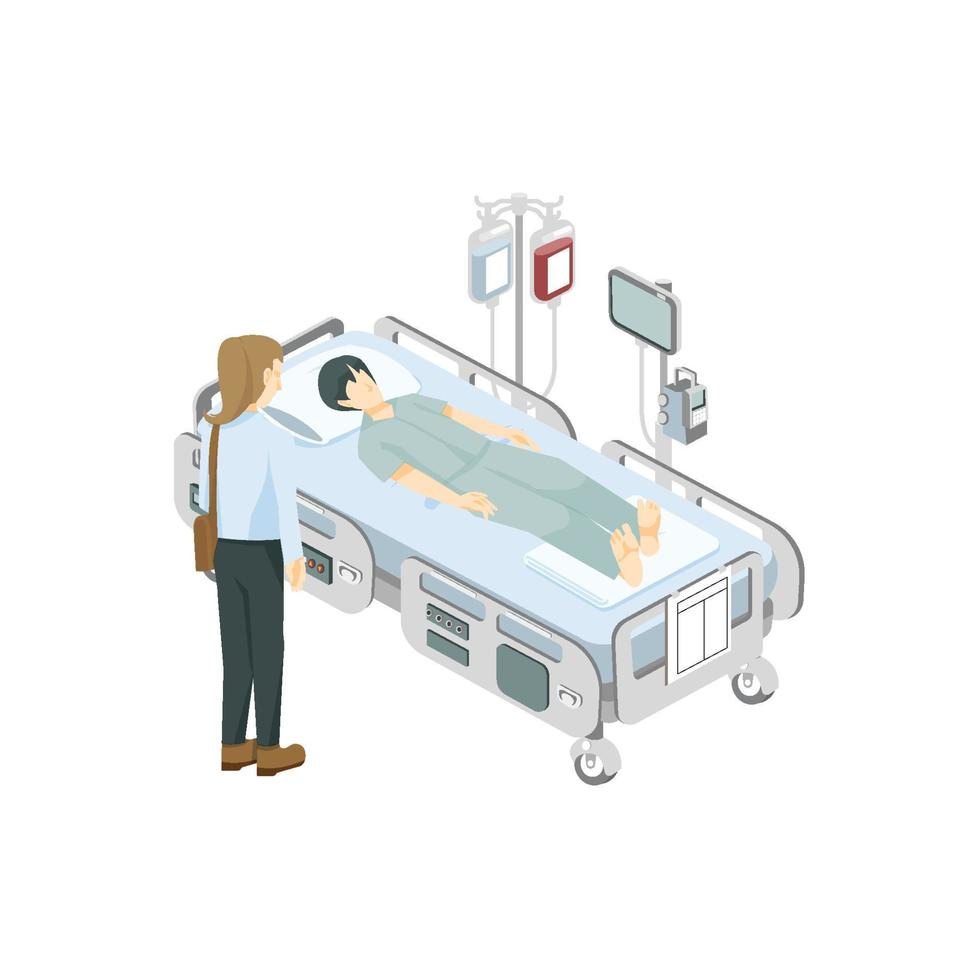 Patient on the hospital bed and visitor  graphic vector illustration on white background