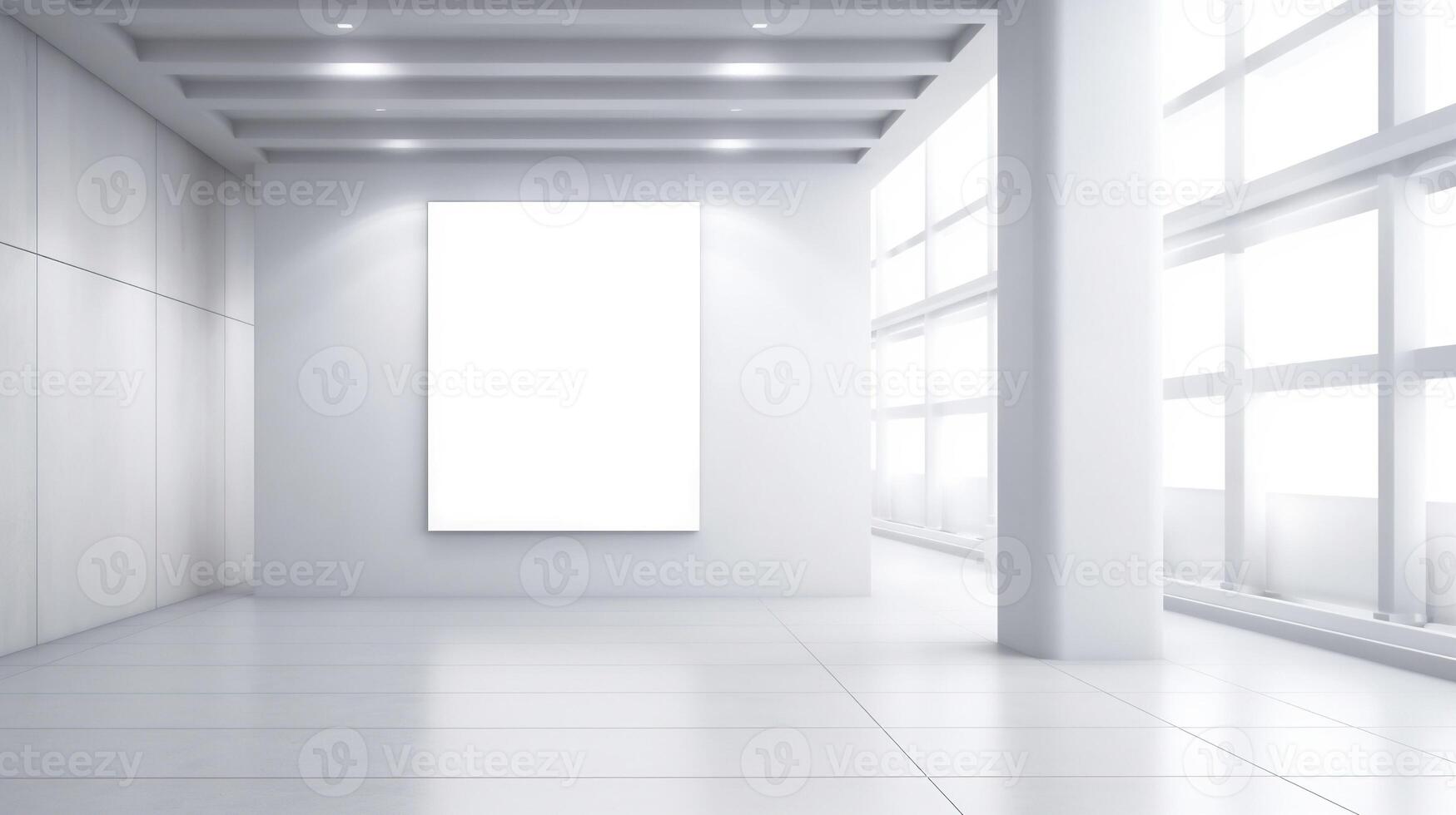 , Realistic white poster mock up blank on minimalistic background, artwork template photo