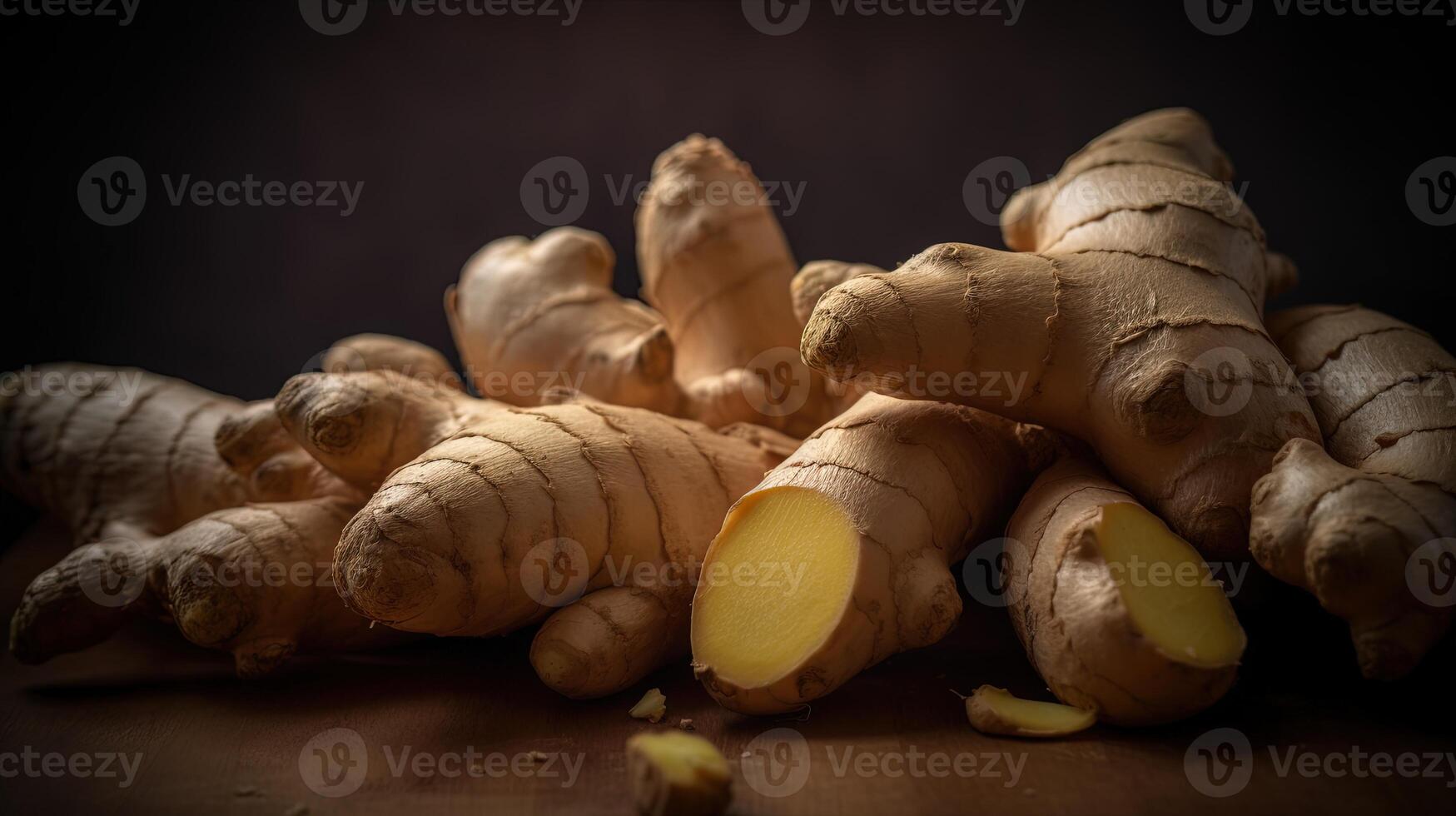 , ginger root spice photorealistic illustartion on dark background. photo