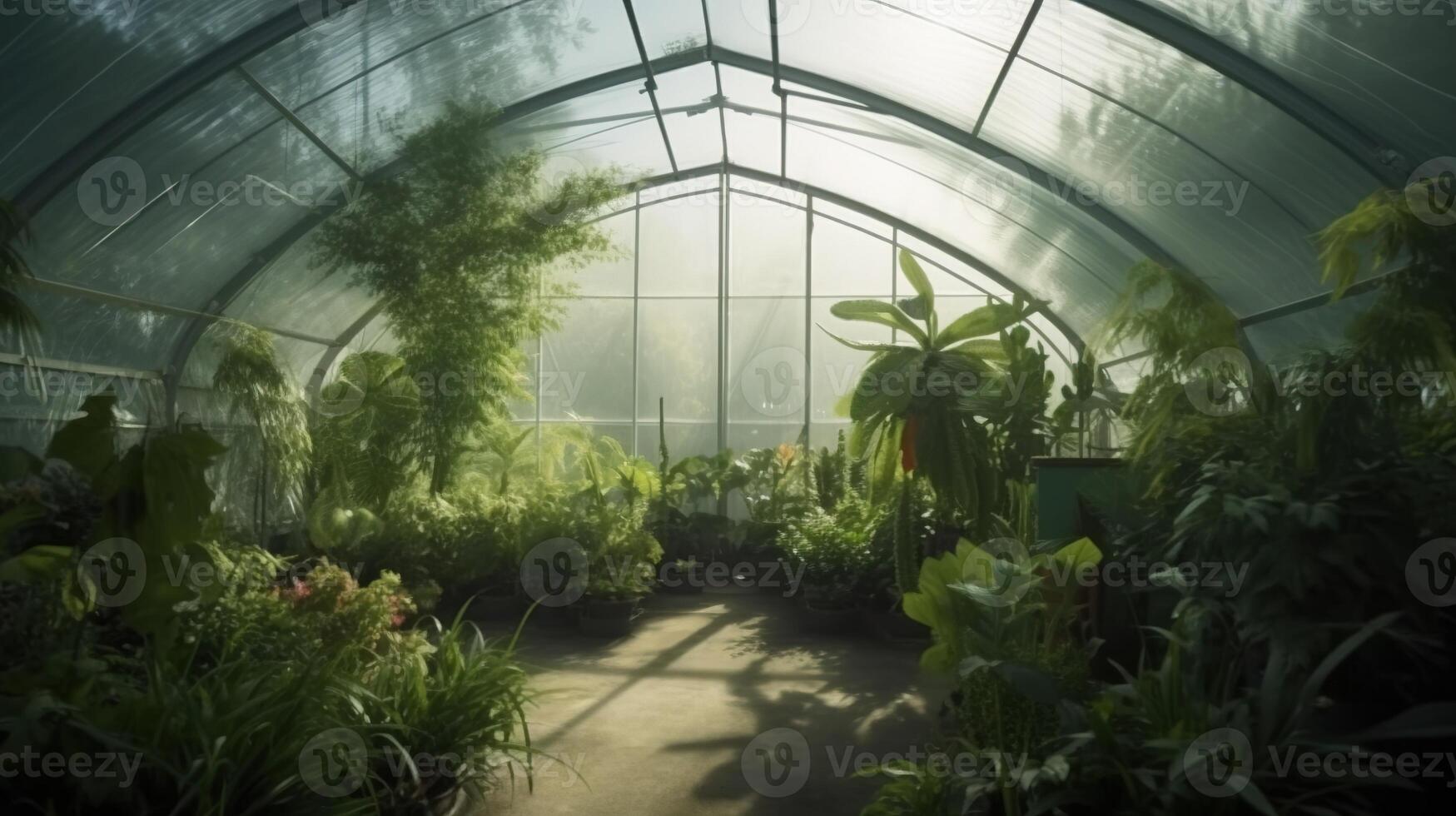 , Green house from the glass, tent-glass garden with a lot of plants. Photorealistic effect. photo
