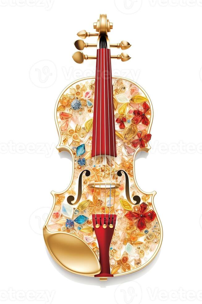 , beautiful musical instrument violin, brooch, opal stone and golden color palette isolated on white background. Bijouterie, jewelry close up photo