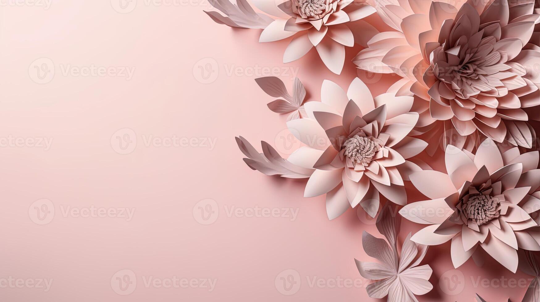 , Paper cut craft flowers and leaves, light pink color, floral origami textured background, spring mood. Photorealistic effect. photo