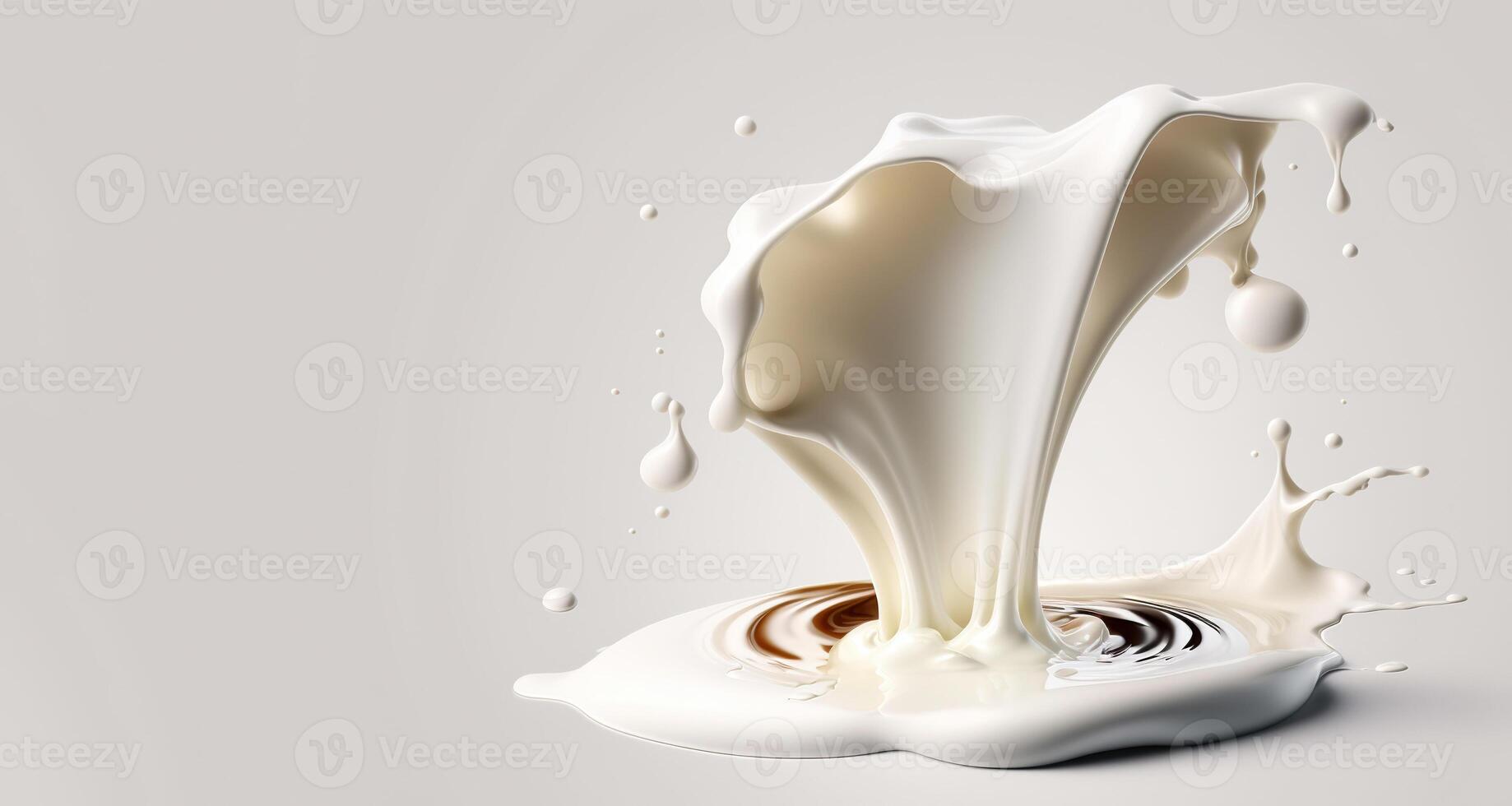 , Flowing liquid with splashes in white color. Glossy cream milk fluid banner, 3D effect, modern macro photorealistic abstract background illustration. photo
