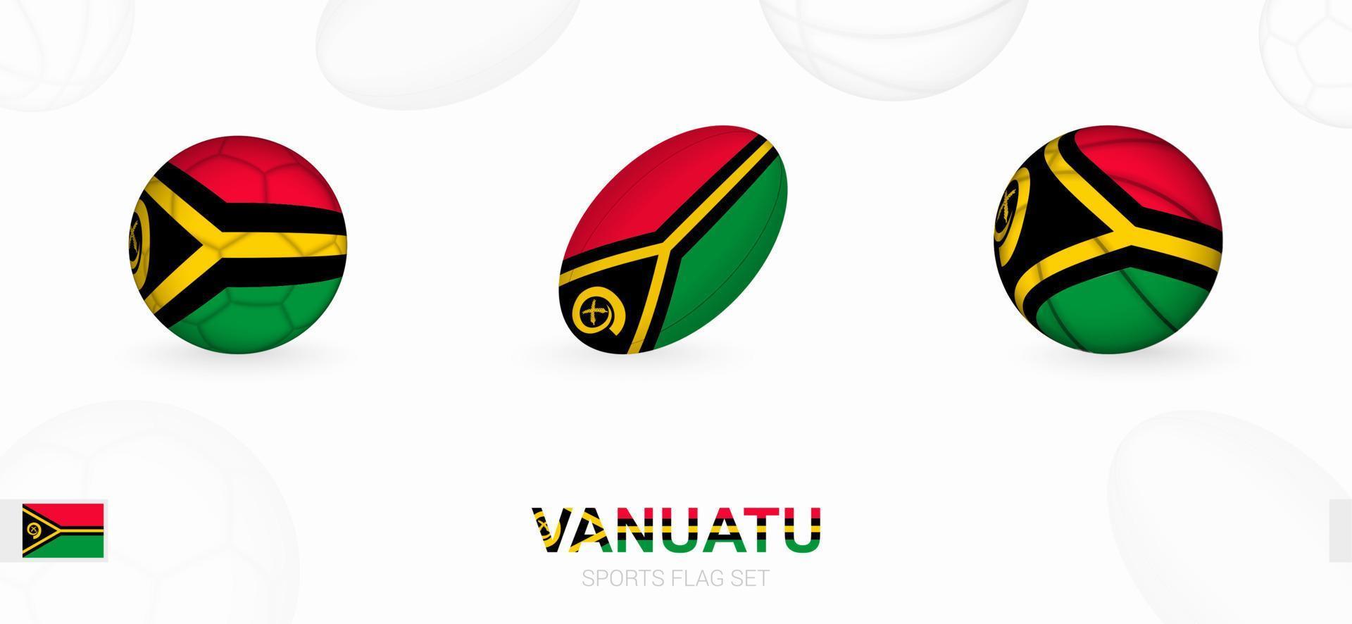 Deportes íconos para fútbol, rugby y baloncesto con el bandera de vanuatu vector