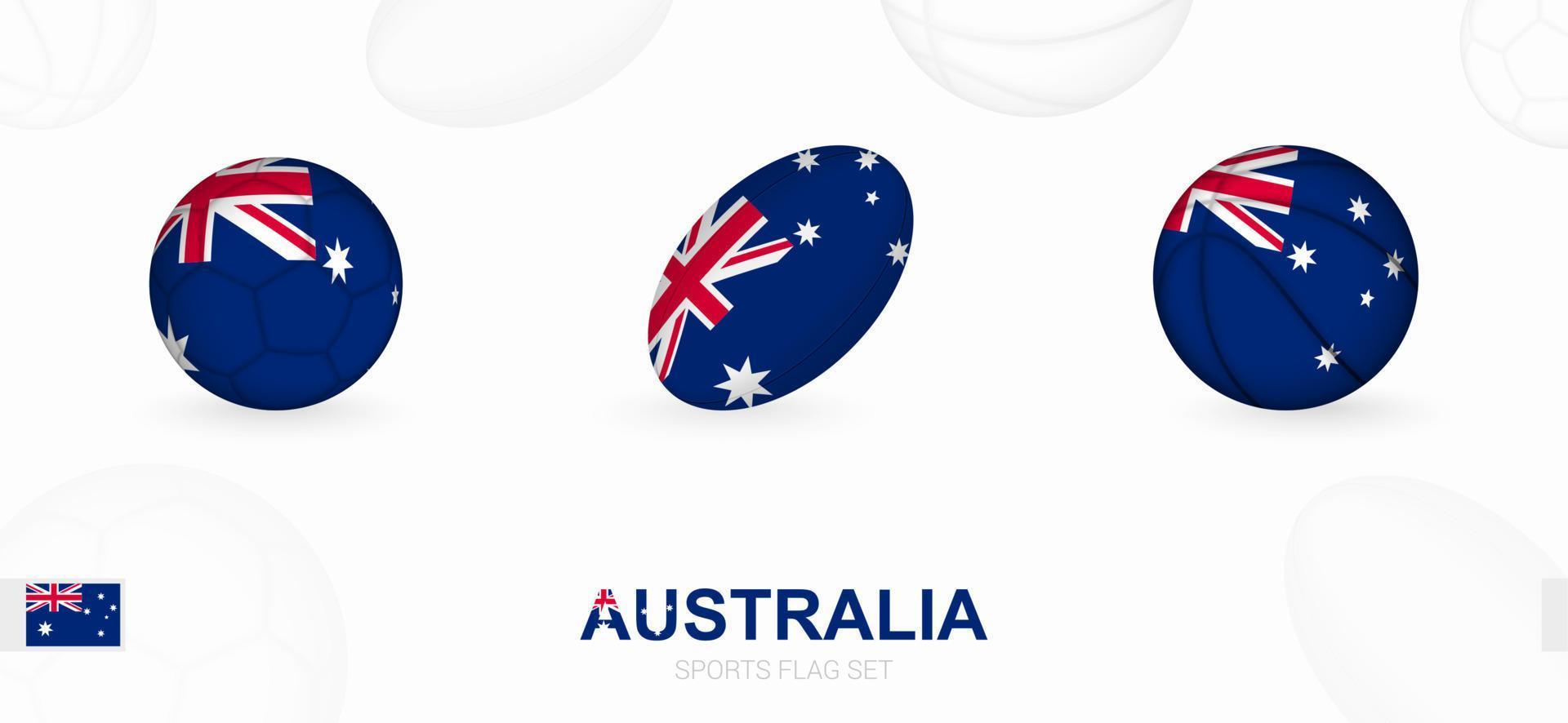 Deportes íconos para fútbol, rugby y baloncesto con el bandera de Australia. vector