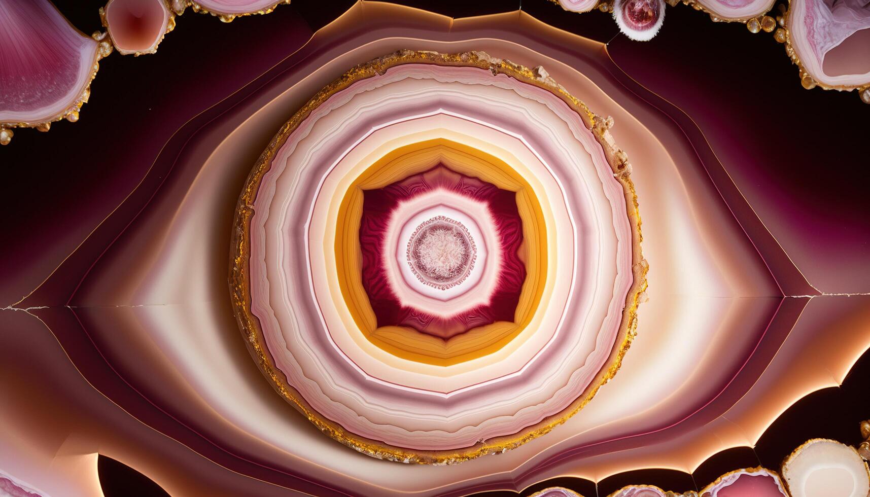 generativo ai, natural volcánico ágata piedras de cerca ligero rosado magenta y dorado textura. fondo de pantalla fondo, cuarzo mármol, decorativo rock modelo foto