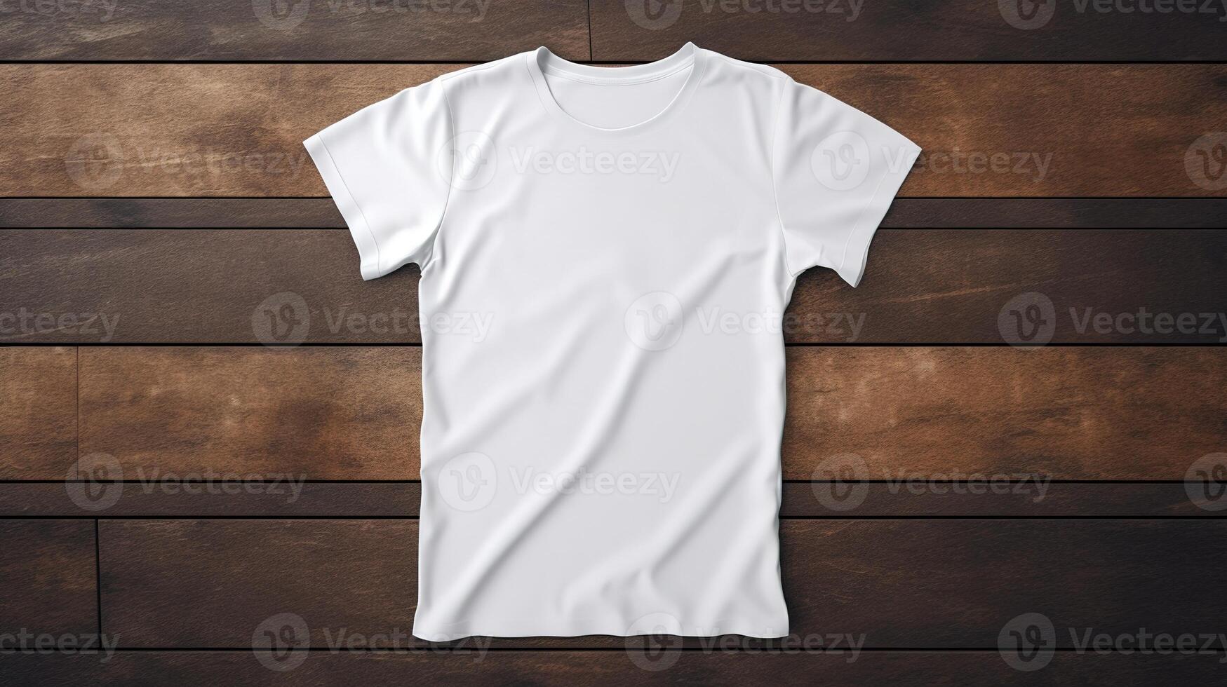 , Realistic white T-Shirt mock up blank on wood background for presentation advertising. Blank business concept photo