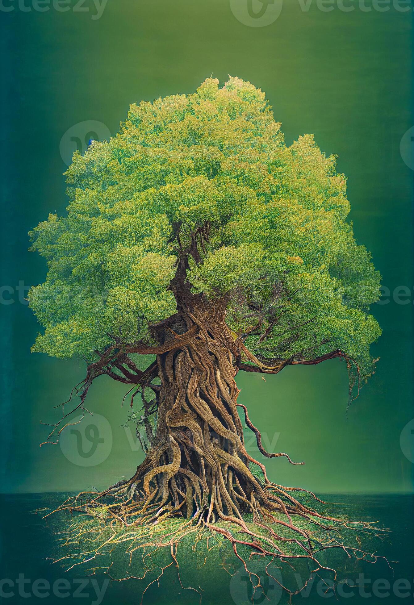 illustration of old big green tree with roots, on dry land, tree of