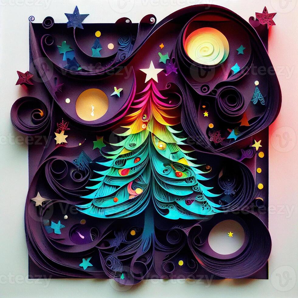 illustration of photo paper cut quilling multidimensional paper cut, craft paper illustration, christmas tree and colored lights vine stars, pop color. Neural network generated art.