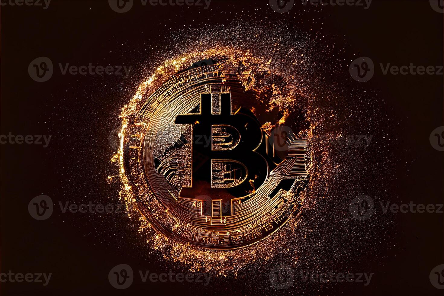 illustration of bitcoin sign on a gold coin , the coin glitters , bunches of golden sparks , black background photo