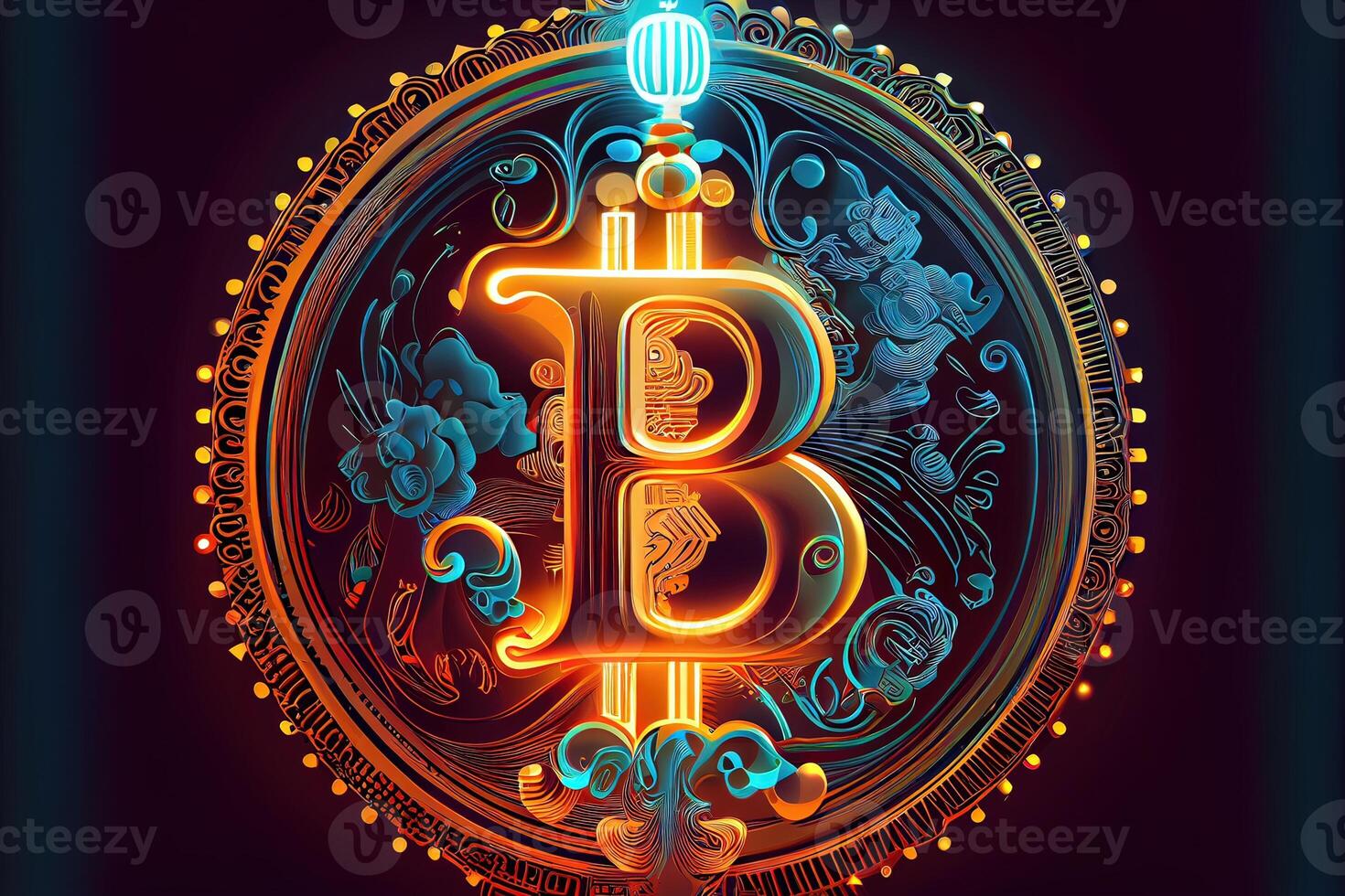 illustration of bit coin bioluminescence, vibrant, dreamy, crepuscular rays, cyberpunk Bitcoin sign with a universal, high tech detail, lighting photo