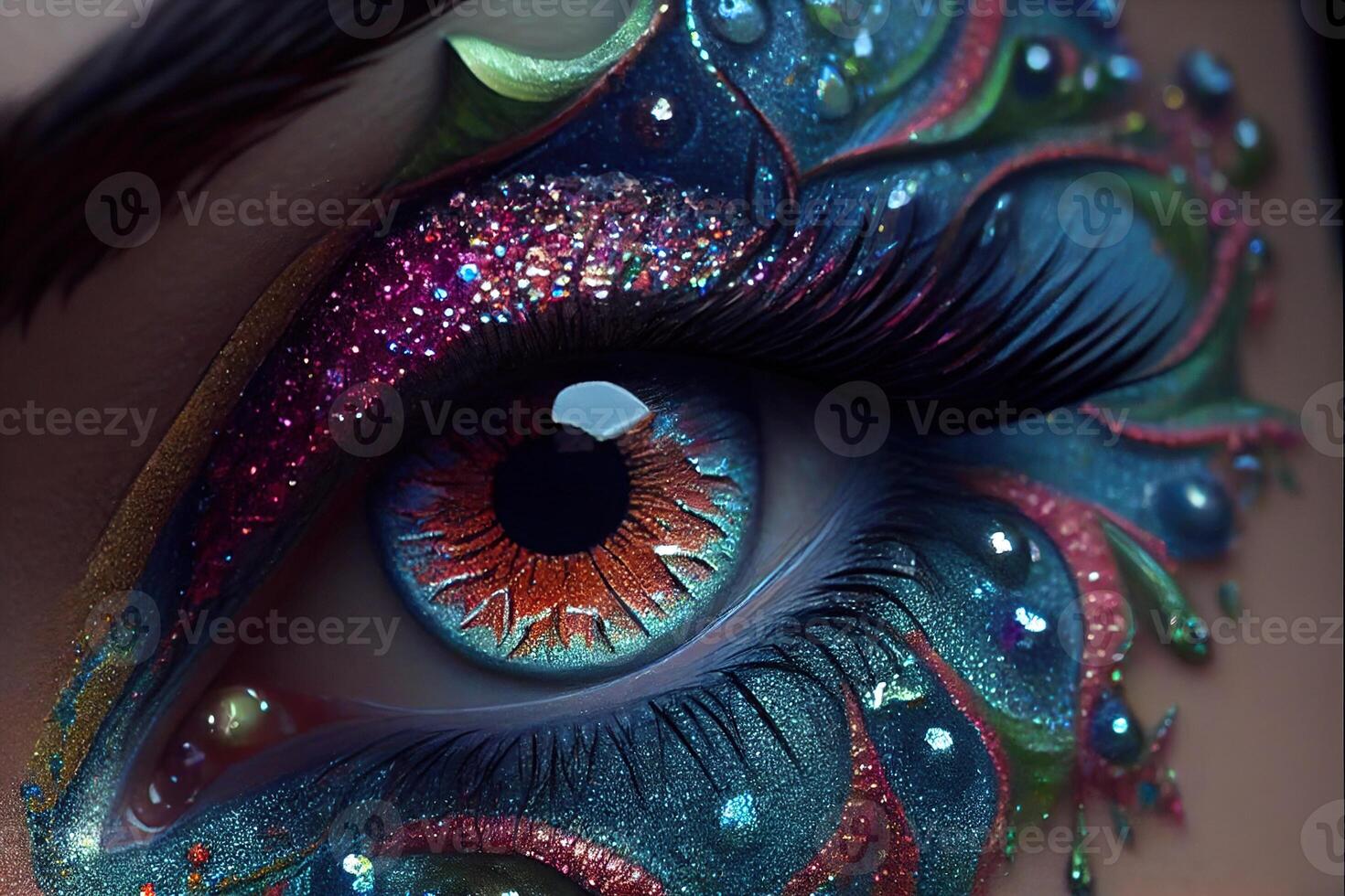 illustration of beautiful female eyes with carnival glass sparkly eyeshadow. Close focus. photo