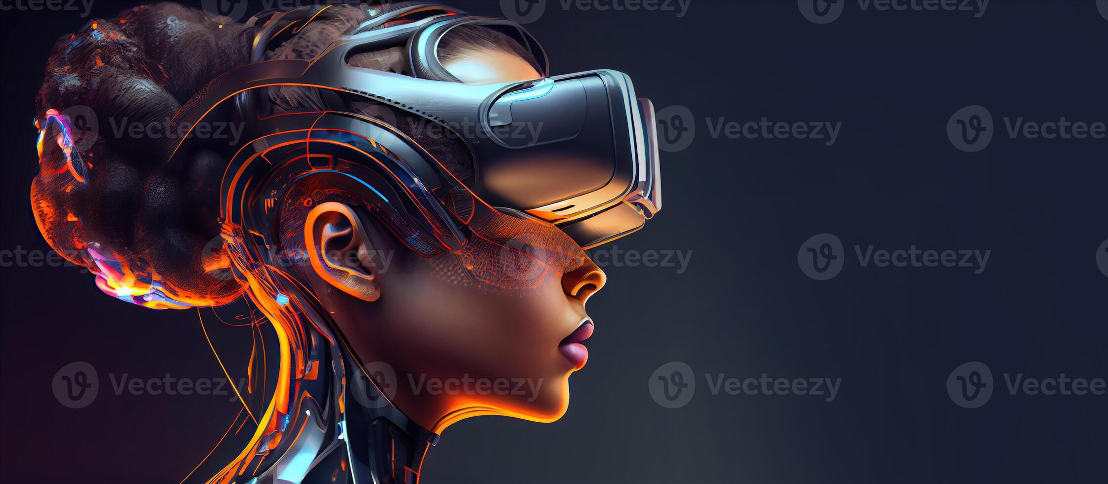 illustration of Metaverse concept and virtual world elements. Side view of human face in augmented or virtual reality headset inside the metaverse photo