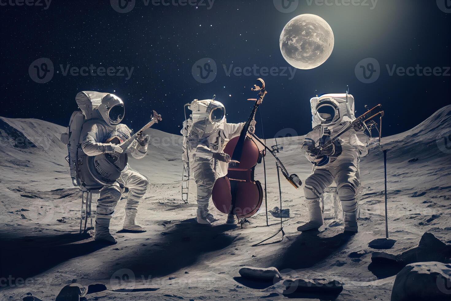 illustration of a trio of astronauts making music on the lunar surface photo