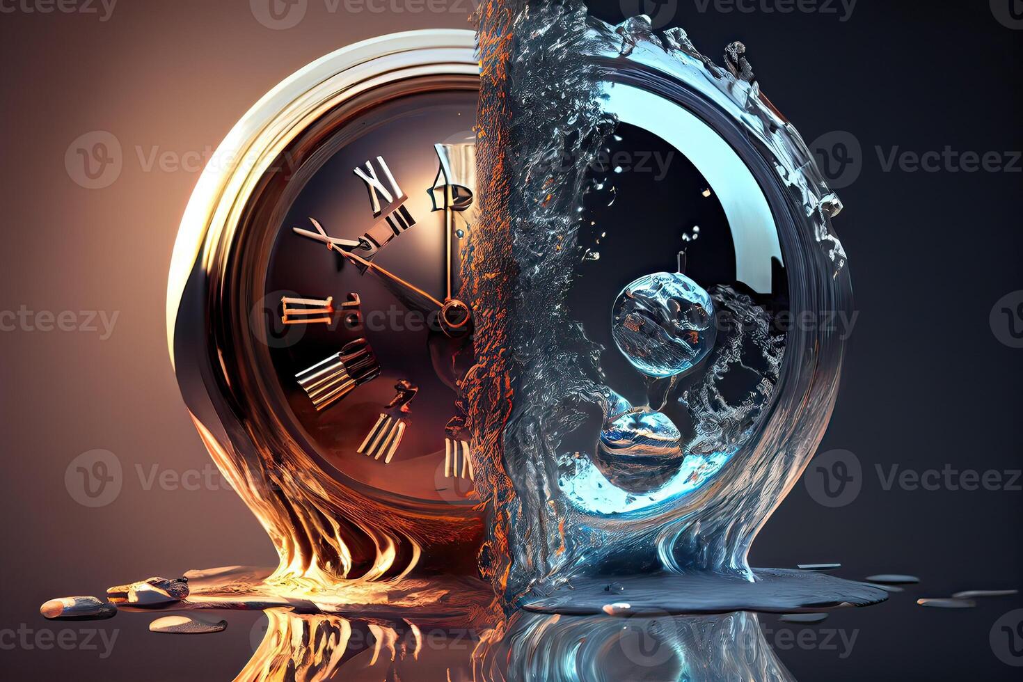 illustration of the illusion of time, a surreal clock made of golden and mercury materials, melting in a distorted and fluid manner photo