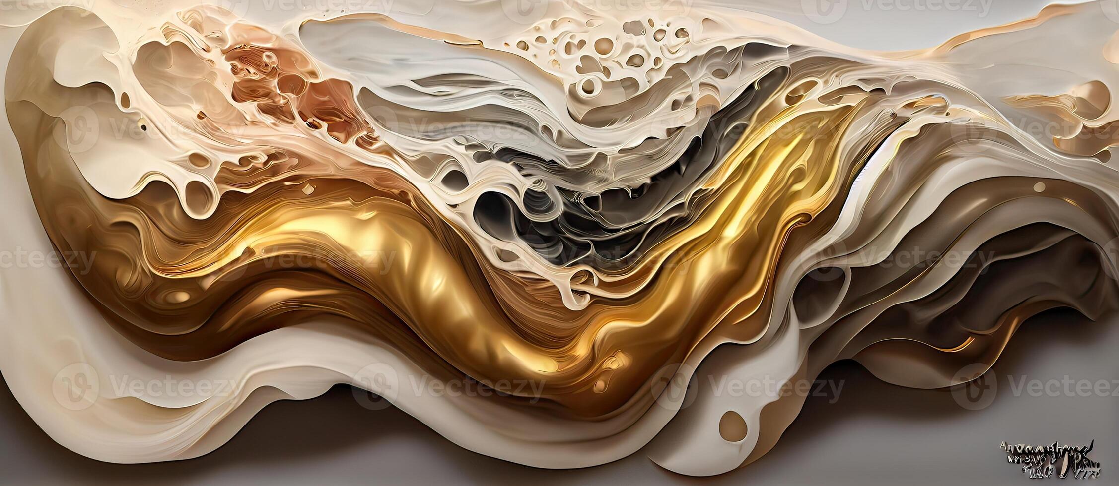 illustration of abstract fluid composing waves of varying sizes and colors is divided into layers, taupe, ivory, white, beige, and soft gold colors, gold glitter photo