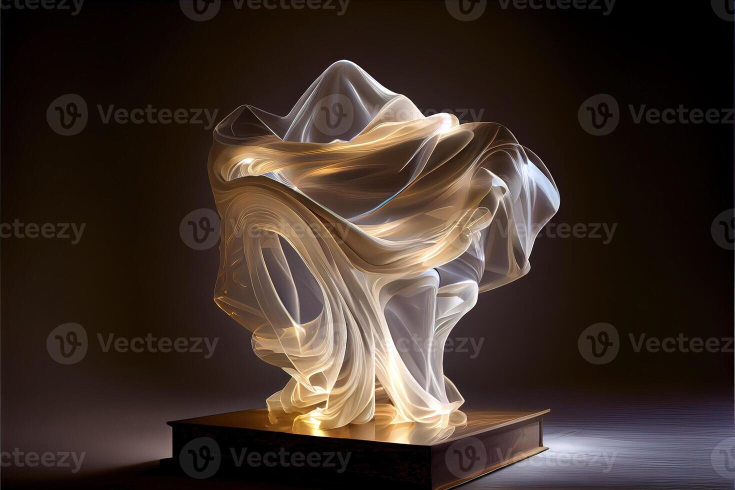 illustration of levitating moving twisting translucent cloth covering glowing objects in dark background photo