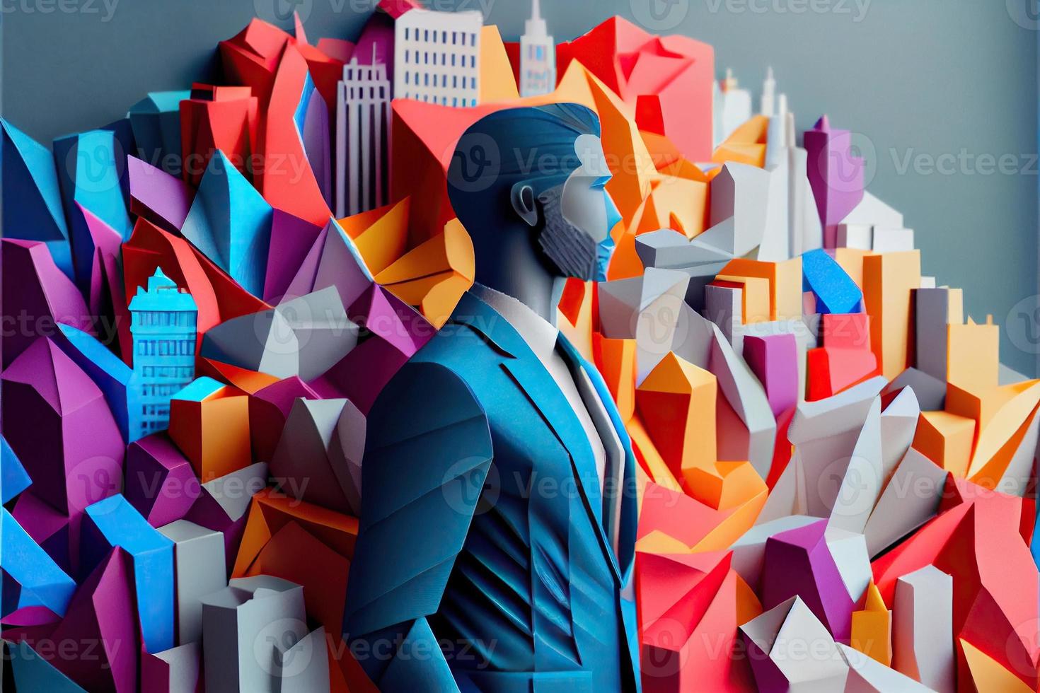 Business man in the city background, colorful. Business handshaking, successful concept. Paper cut craft, 3d paper illustration style. Neural network generated art. photo