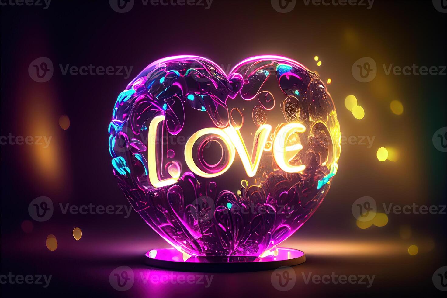 illustration of love heart neon light, decor, bright light, romantic. Love and valentine day concept. Neural network generated art. Digitally generated image. photo