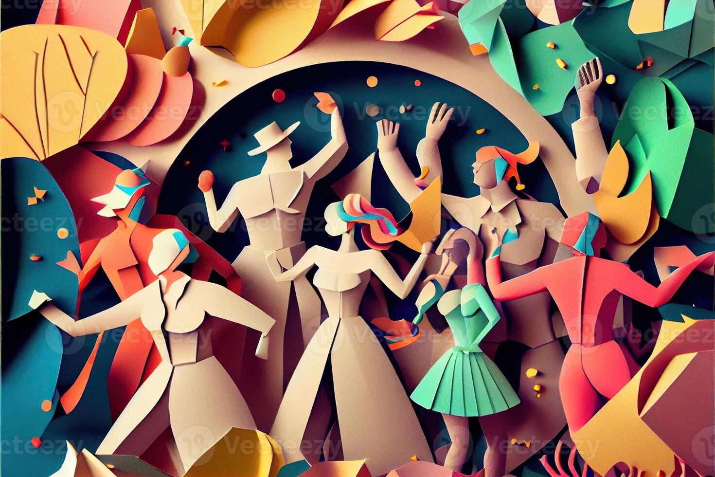 illustration of People in New Year's Eve party background, men and women celebrating holidays together, partying, cheering and dancing. Paper cut craft, 3d paper illustration style. photo
