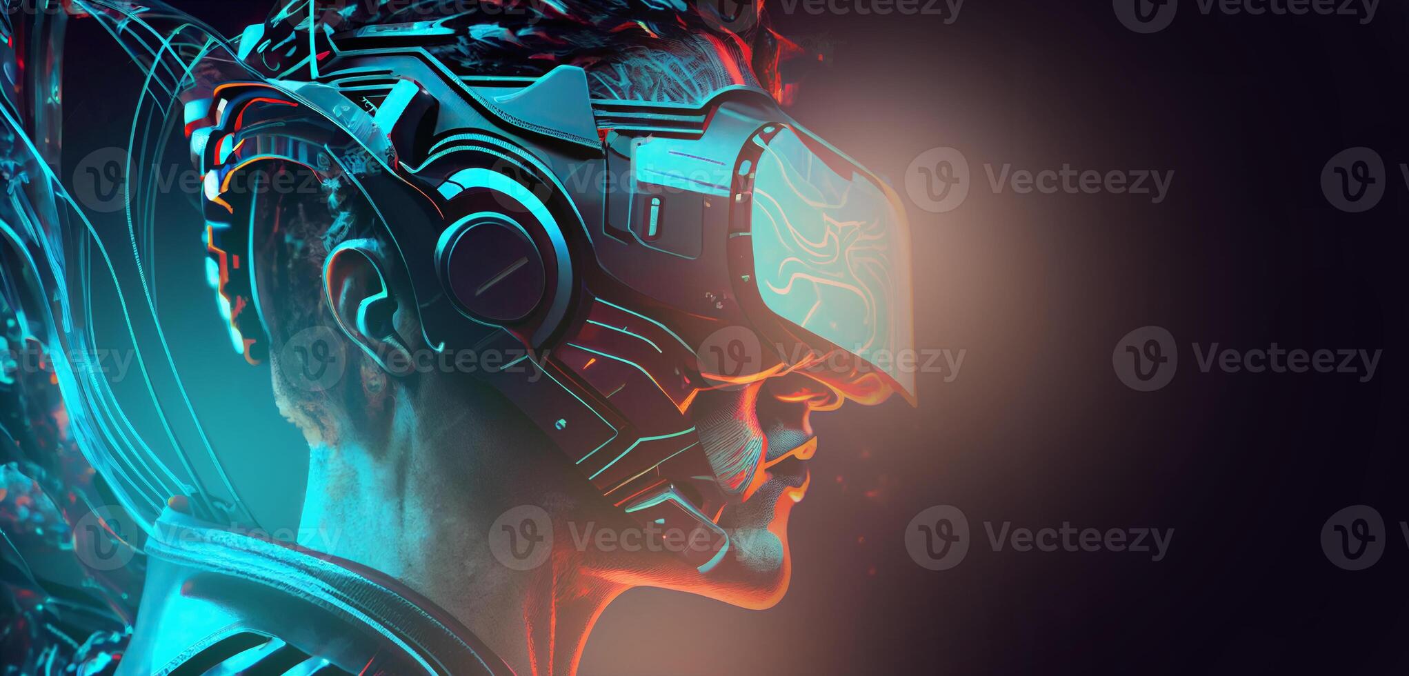illustration of Metaverse concept and virtual world elements. Side view of human face in augmented or virtual reality headset inside the metaverse photo