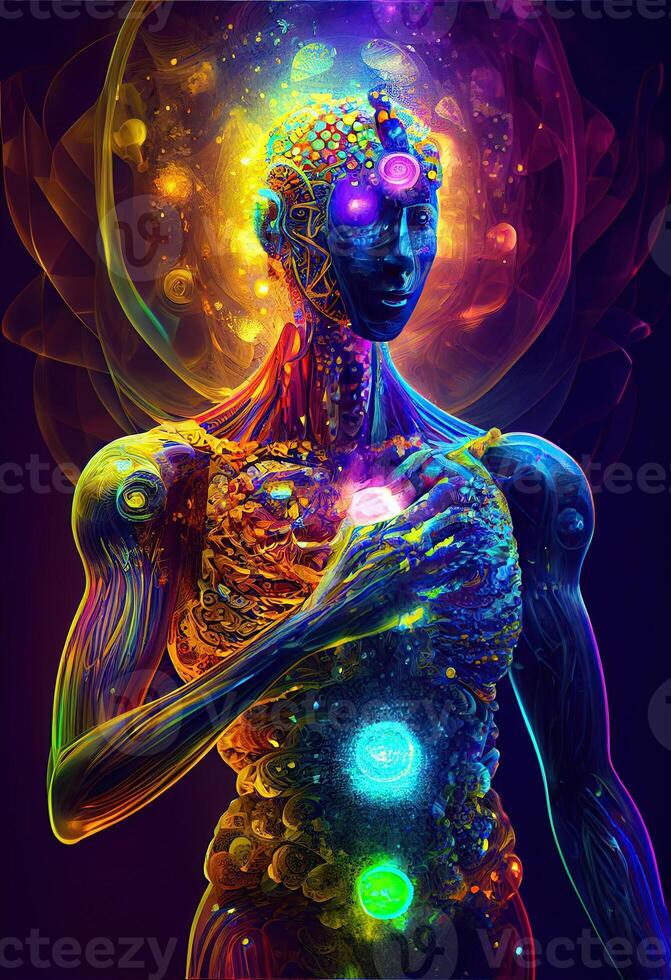 illustration of higher, yoga relax chill out dmt visions spirit. 7 colored chakras meditation DMT hallucinations. Multiverse connected through a nervous system - trippy psychedelic photo
