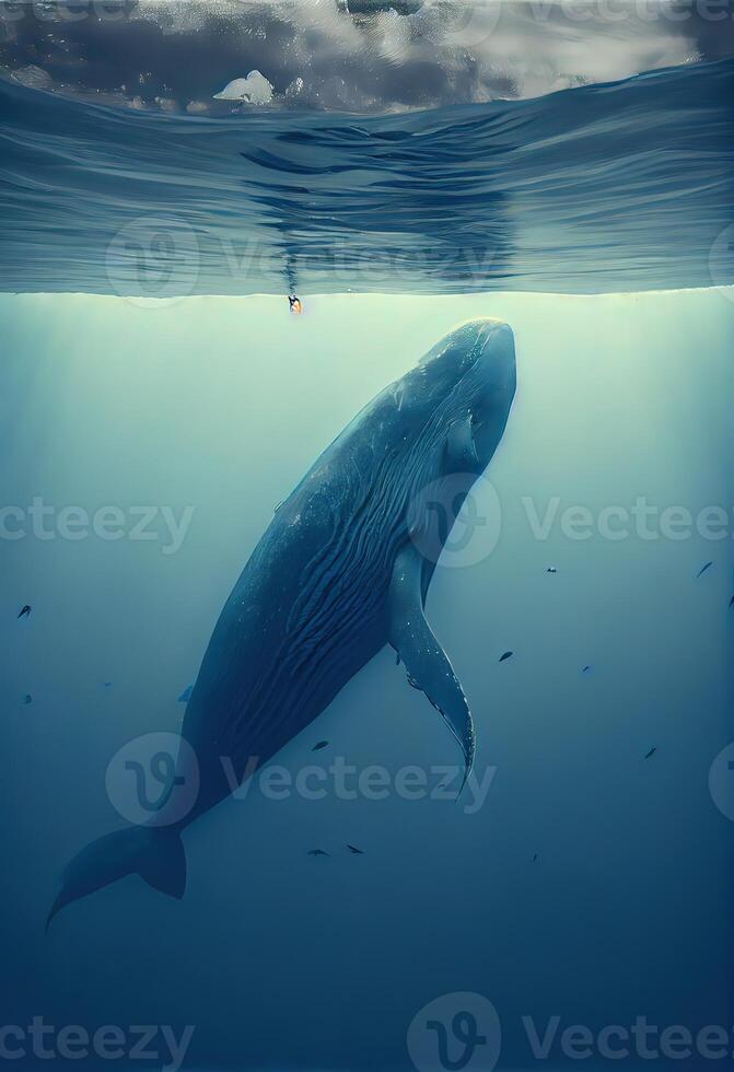 generativo ai ilustración de azul ballena debajo agua, Oceano foto