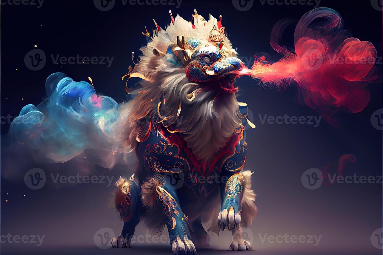 illustration of anthropomorphic traditional Chinese lion dance, big round eyes, plump body, Chinese Spring Festival, luminous particles, smoke photo