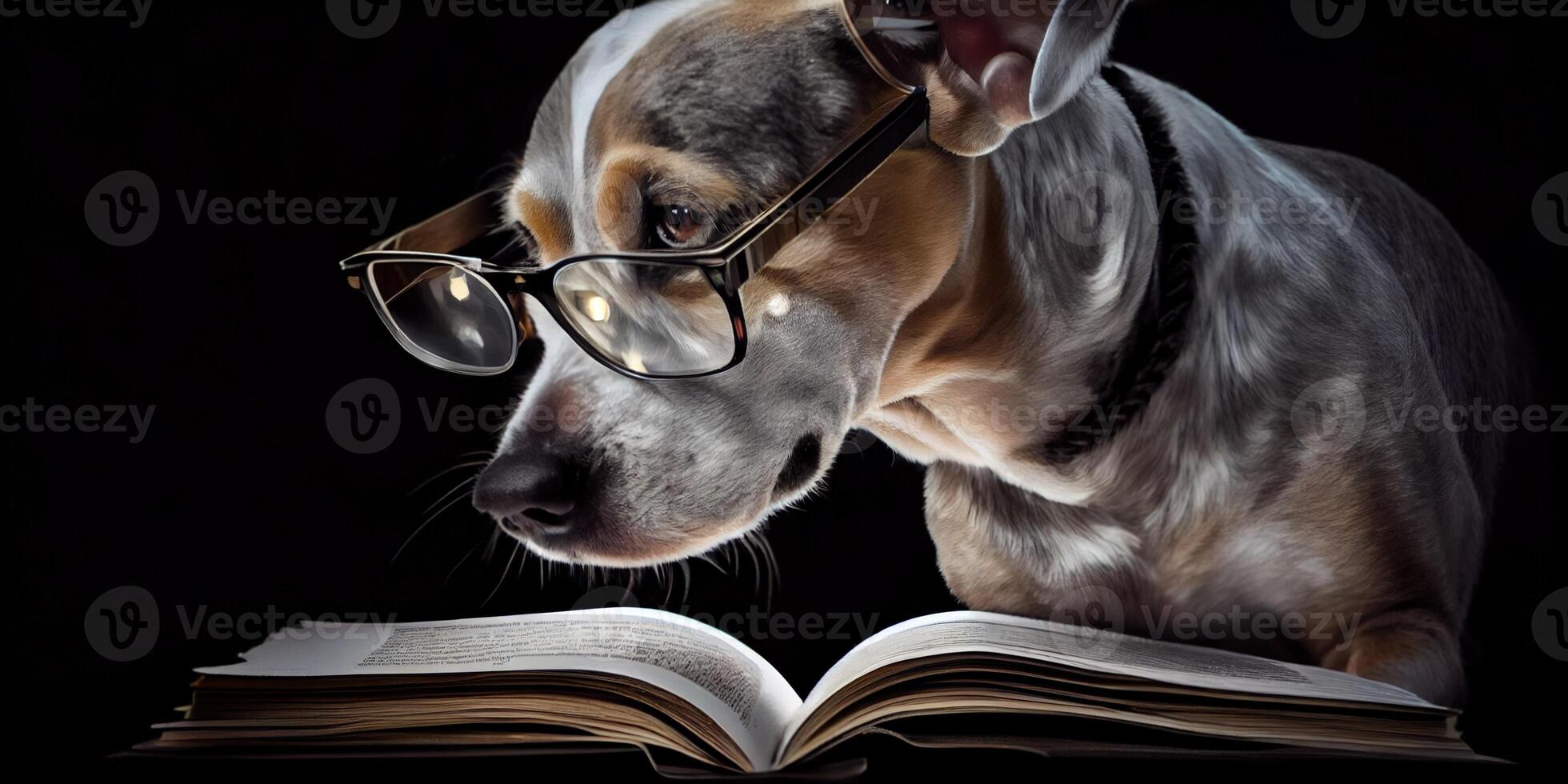 illustration of Intelligent serious dog in glasses reading a book, volumn light photo