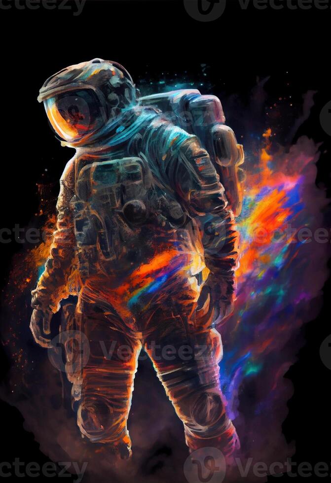 generativo ai ilustración de pasta, ciencia ficción, longitud total, todo cuerpo retrato, anime personaje, espacio astronauta. universal peatonal cuadro. lleno color , negro antecedentes foto