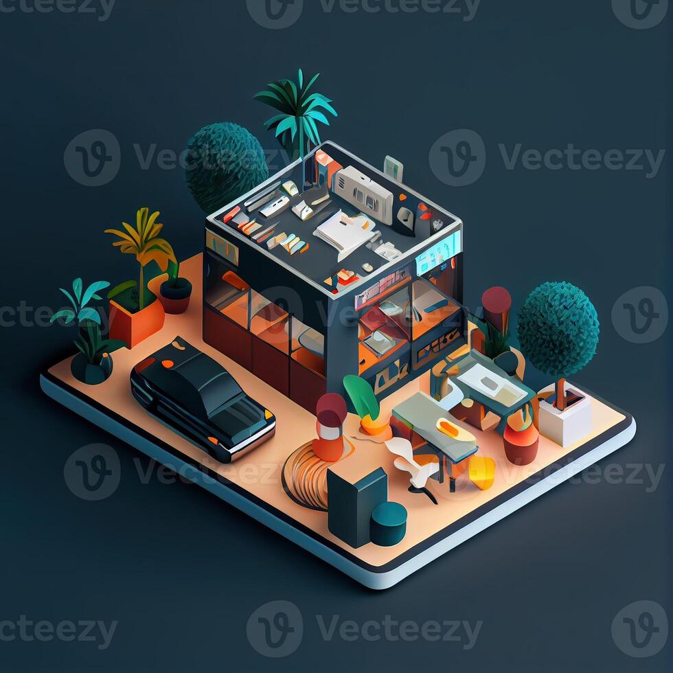 illustration of Office on smart phone, isometric diorama, land plot, pop color, colorful. Digitally generated image photo