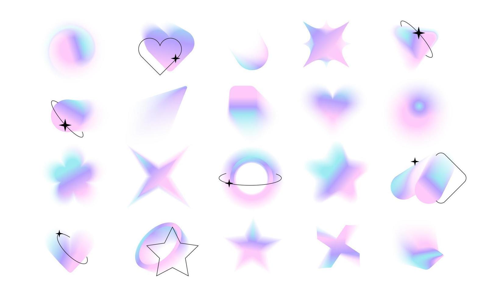 Blurred gradient holographic shapes set with black linear forms and sparkles.Big blurry aura aesthetic elements collection in y2k style. Modern minimalist design element with blur effect. eps10 vector