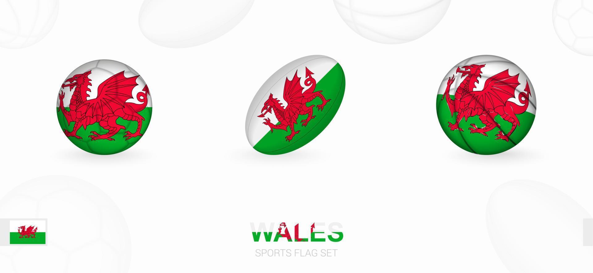 Sports icons for football, rugby and basketball with the flag of Wales. vector