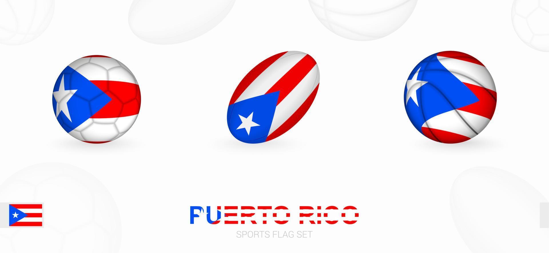 Deportes íconos para fútbol, rugby y baloncesto con el bandera de puerto rico vector