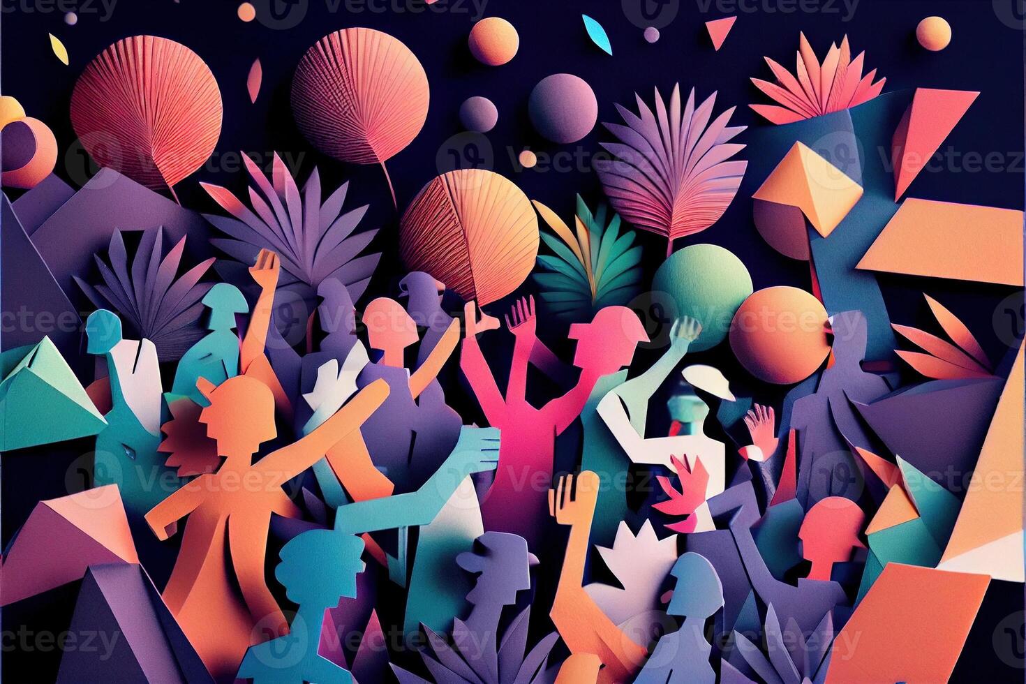 illustration of People in New Year's Eve party background, men and women celebrating holidays together, partying, cheering and dancing. Paper cut craft, 3d paper illustration style. photo