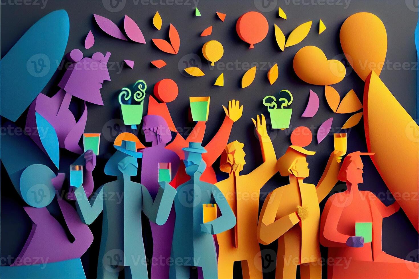 illustration of People in New Year's Eve party background, men and women celebrating holidays together, partying, cheering and dancing. Paper cut craft, 3d paper illustration style. photo