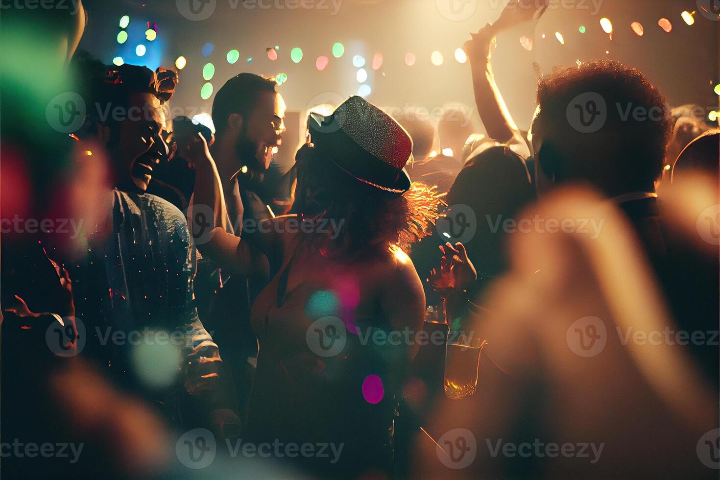 illustration of New Year's Eve party background, pop color, group of people dancing and joyful, countdown, neural network generated art. Digitally painting, generated image. photo