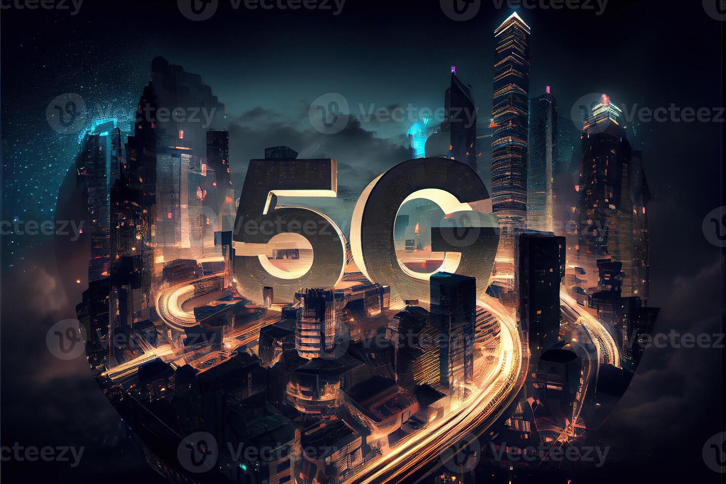 illustration of futuristic city at night, 5G internet network wireless systems and internet of things, smart city and communication network concept. photo