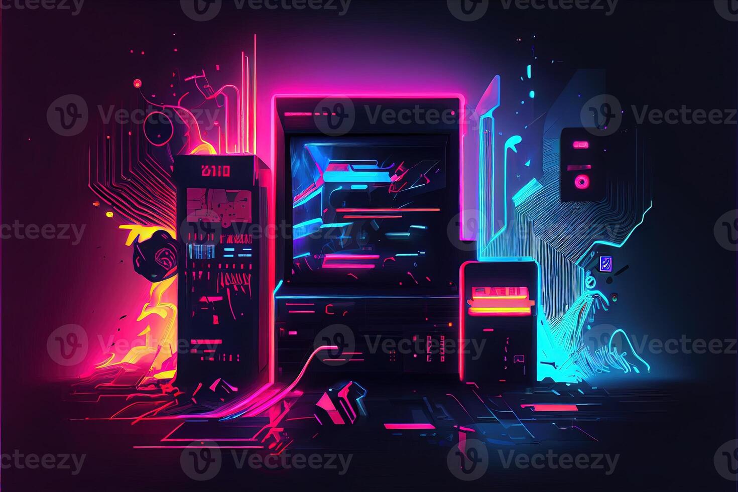 Generative AI illustration of gaming background, abstract cyberpunk style  of gamer wallpaper, neon glow light of scifi fluorescent sticks. Digitally  generated image 22702292 Stock Photo at Vecteezy