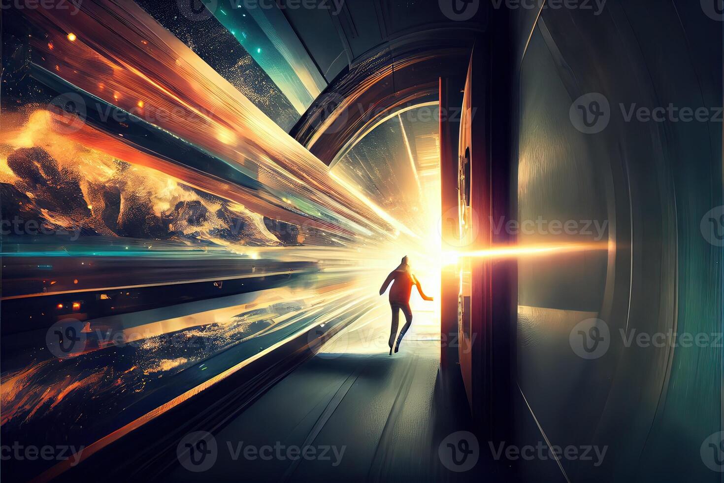 illustration of traveling through the door of the future with the speed of light photo