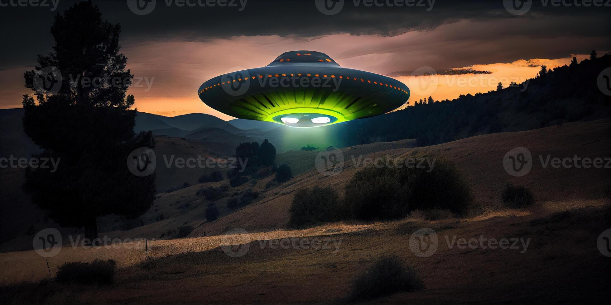 illustration of a stationary UFO hovering in the hills, with a mysterious and eerie atmosphere photo