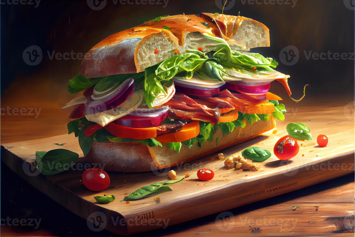 illustration of luxury italian sun sandwich, sitting on a wood board in a small Italian deli photo