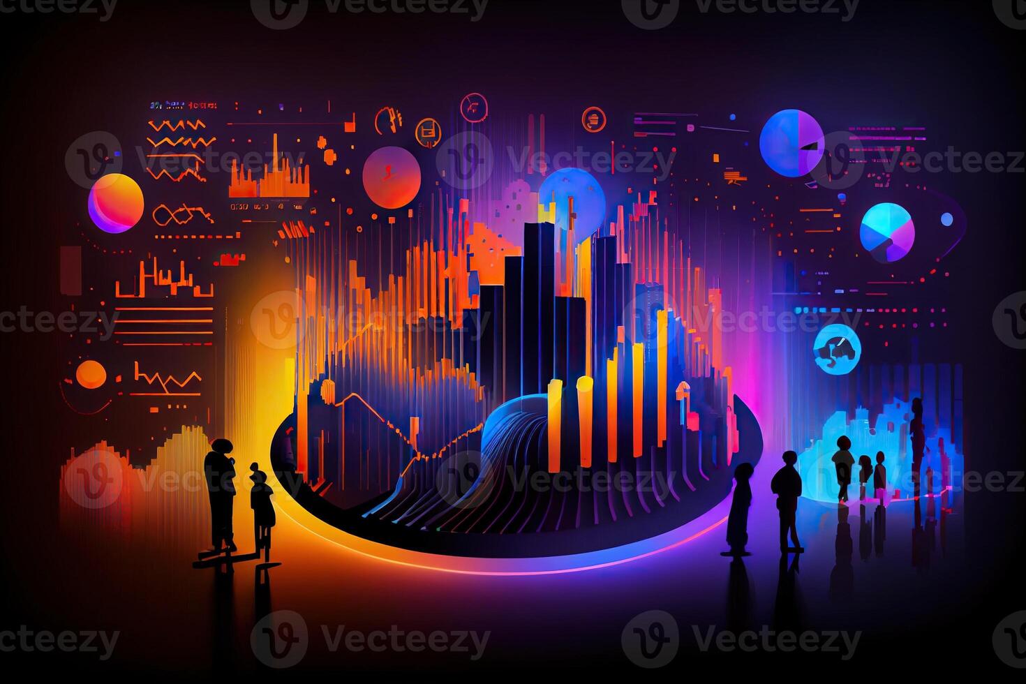 illustration of crypto market data, chart, silhouette crypto currency market, isometric, colorful gradient background photo