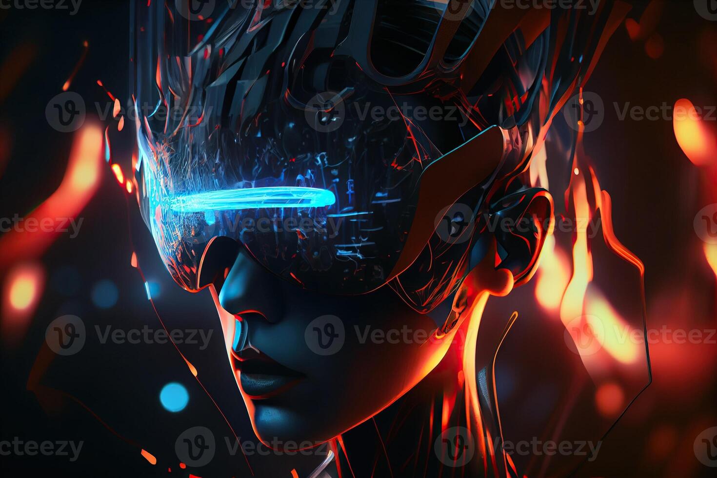 illustration of Metaverse concept and virtual world elements. Side view of human face in augmented or virtual reality headset inside the metaverse photo