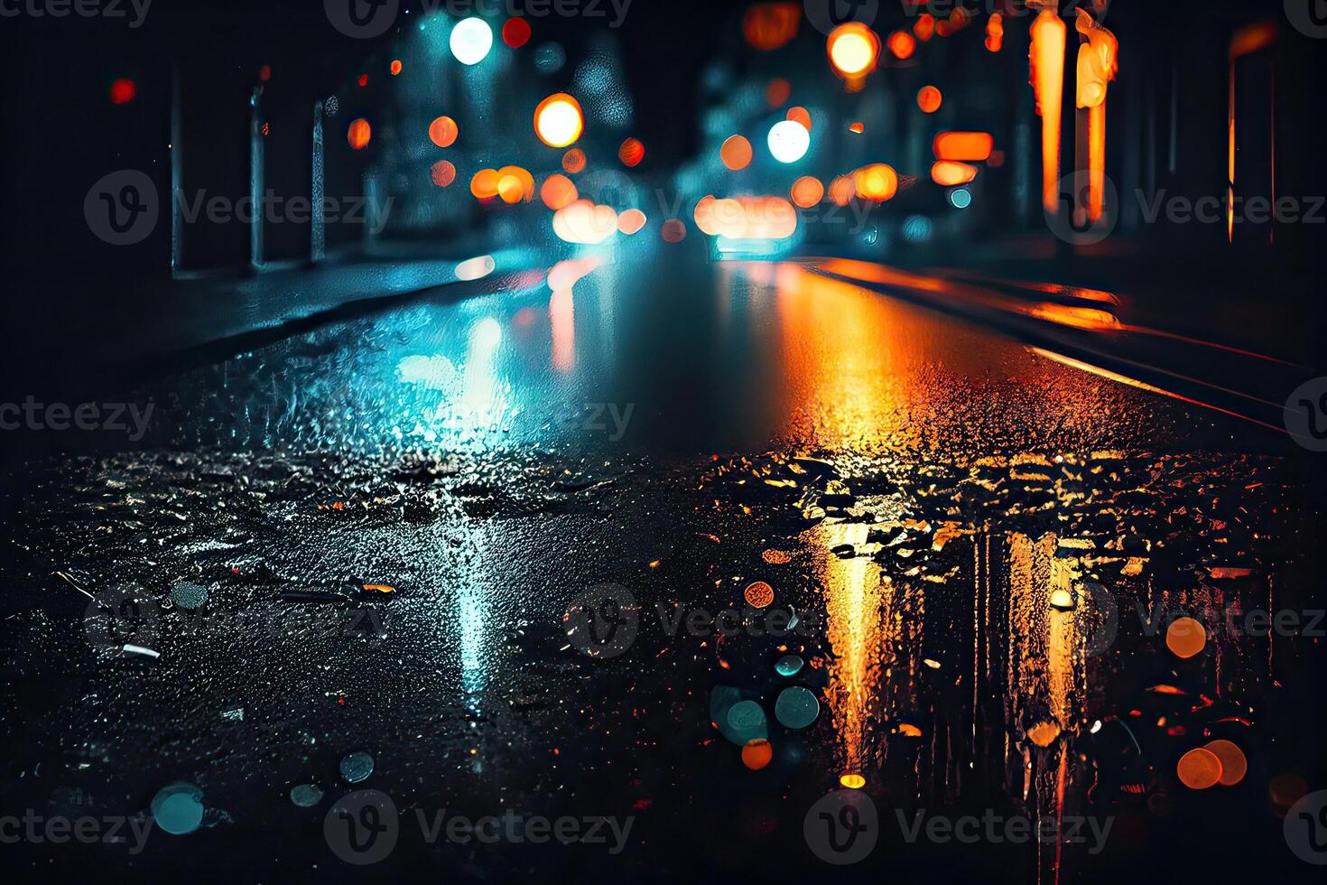 illustration of a light effect, blurred background. Wet asphalt, night view of the city, neon reflections on the concrete floor. Dark abstract background, dark empty street photo