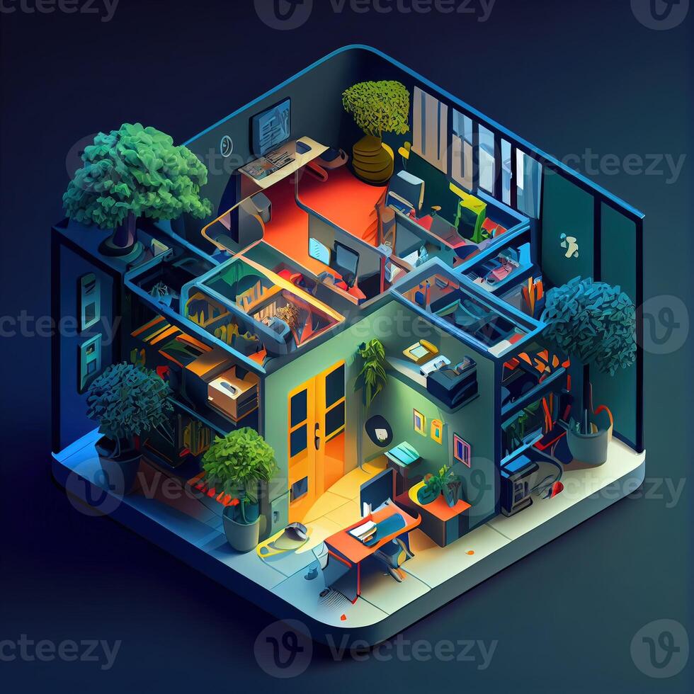 illustration of Office on smart phone, isometric diorama, land plot, pop color, colorful. Digitally generated image photo