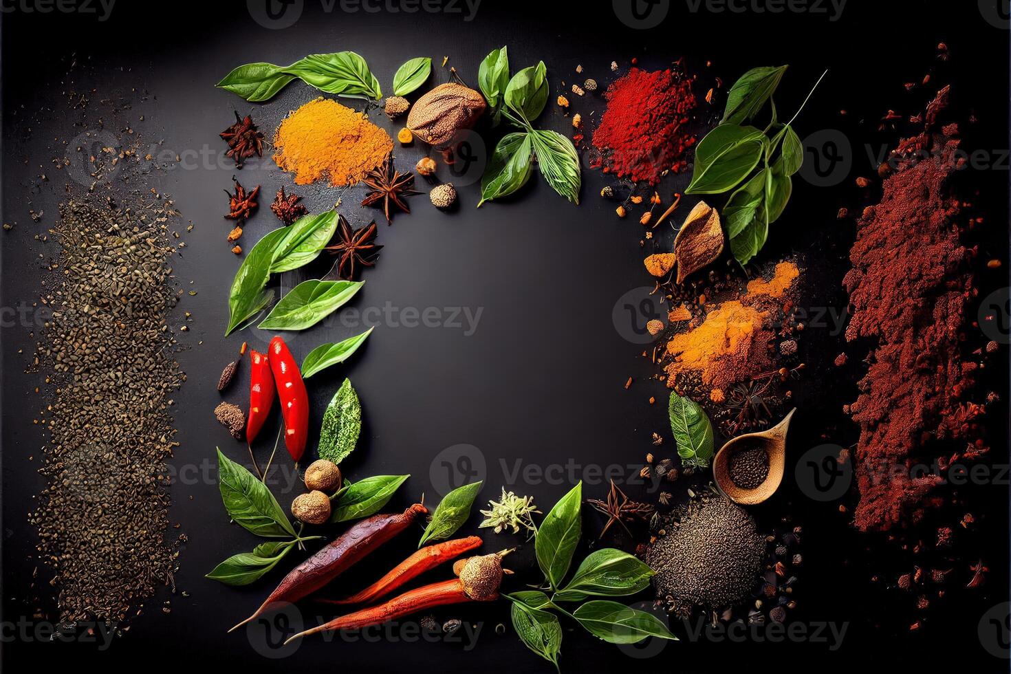 illustration of wide variety spices and herbs on background of black table, with empty space photo